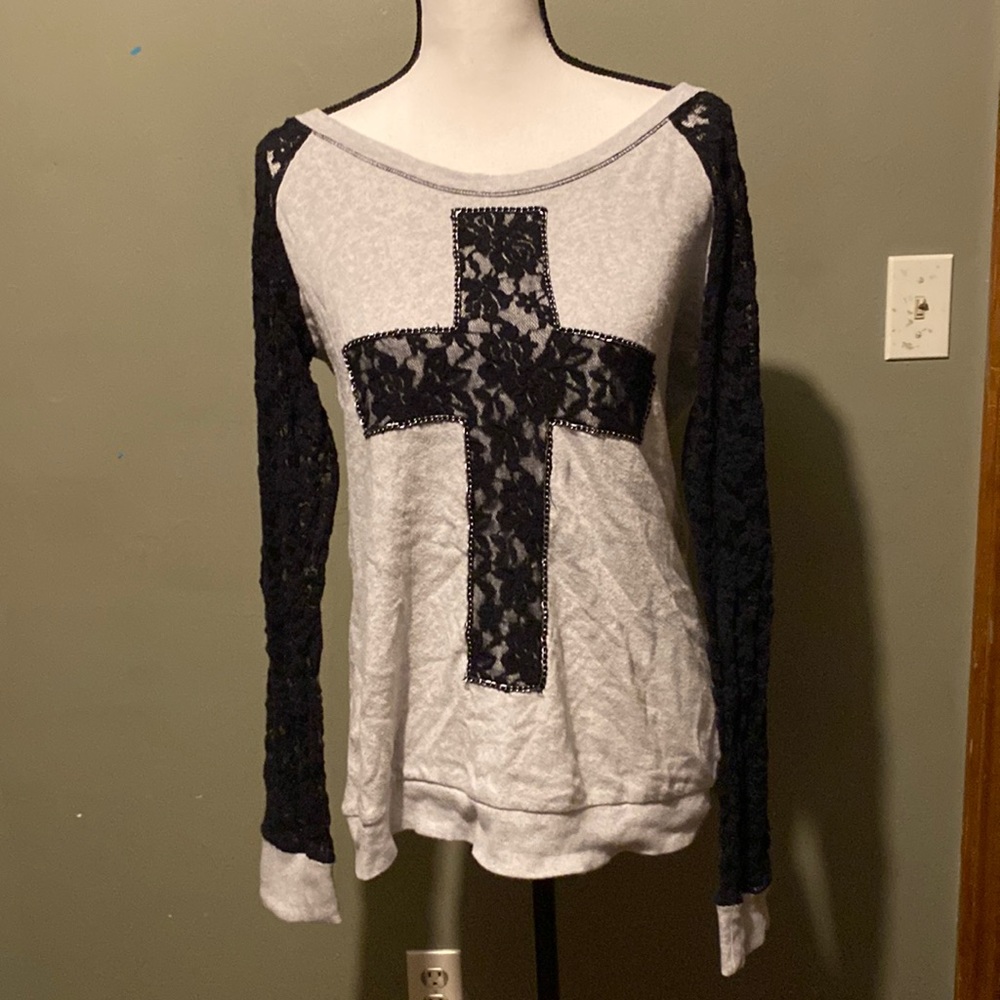Maurices cross sweatshirt with lace sleeves